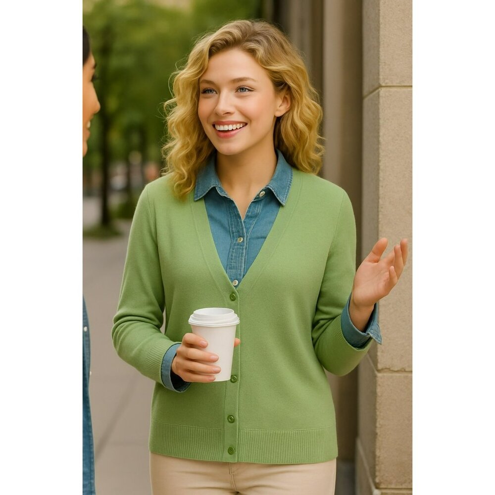Talbots Linen Button Down Cardigan Open Weave Women’s Large Sweater Light Green